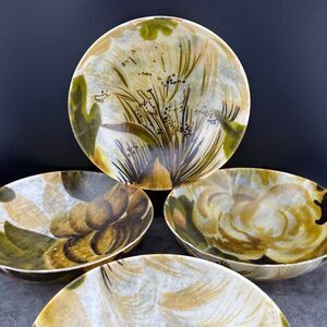 Lot of Four (4) Vintage MCM Small Salad Bowls Fiberglass Floral 6.5” x 2” Brown